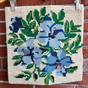 Vintage Needlepoint Floral Cushion Cover - Blue and White Florals